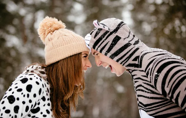 Winter, girl, snow, joy, snowflakes, mood, hat, laughter