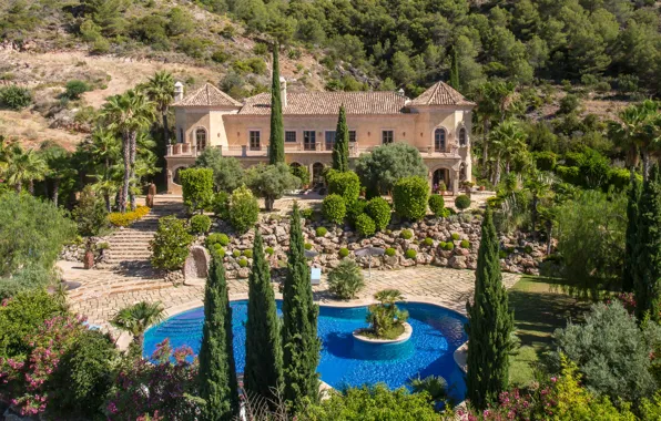 Summer, style, palm trees, pool, garden, architecture, mansion, landscape design