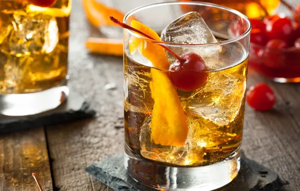 Ice, cherry, glass, orange, alcohol, cocktail
