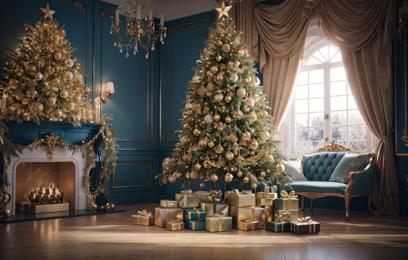 Decoration, room, balls, tree, interior, New Year, Christmas, gifts