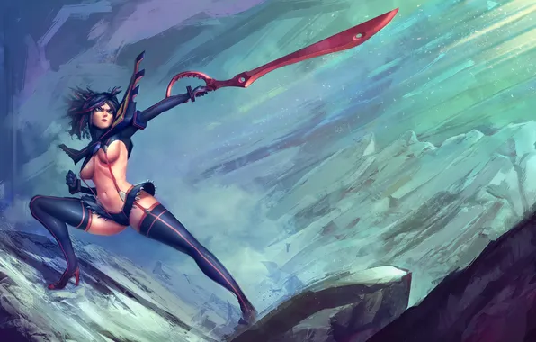 Chest, girl, naked, body, sword, costume, anime, art