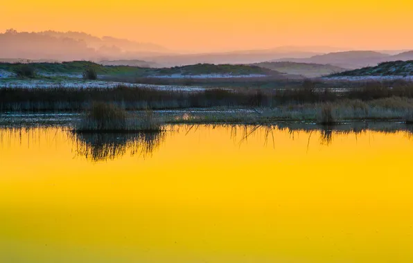 The sky, sunset, mountains, lake