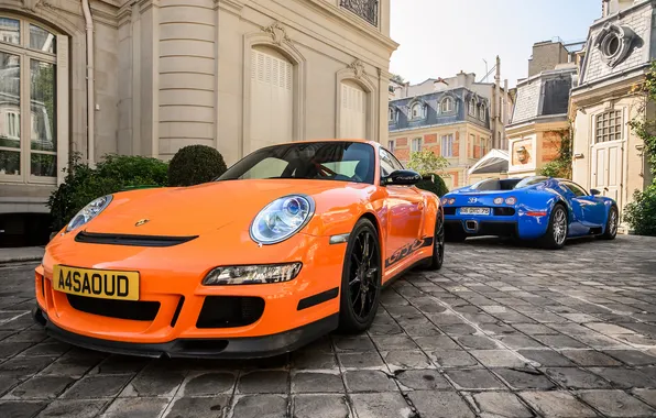 911, Porsche, Bugatti, Veyron, Orange, Sky, Blue, Front