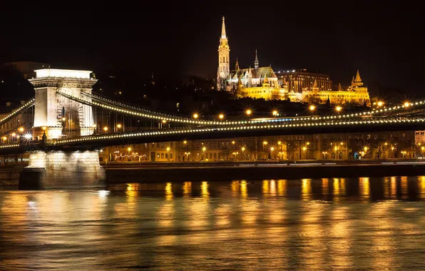 Picture night, bridge, lights, river, Hungary, Budapest