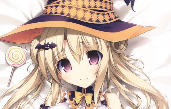 Face, bow, halloween, barrette, bangs, big eyes, witch hat, witch