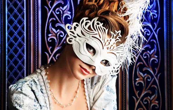 Look, girl, background, patterns, hair, dress, mask, hairstyle