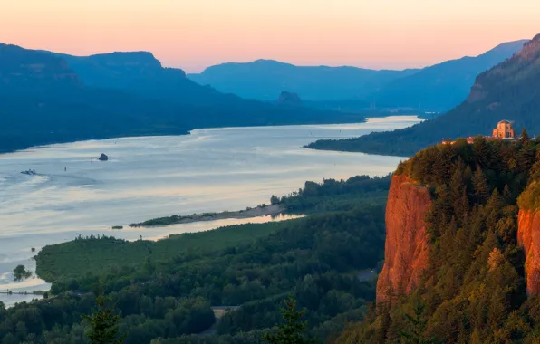 Forest, light, mountains, rock, river, open, shore, dal