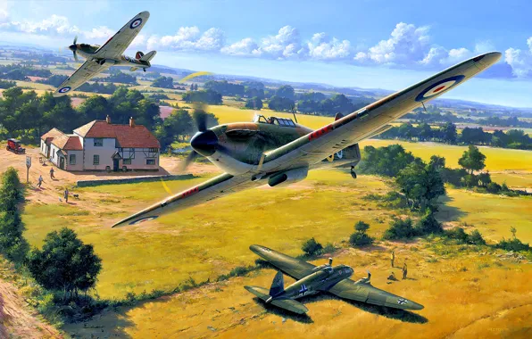 Picture Trees, House, Hurricane, RAF, pilots, He.111, Heinkel 111, Hawker Hurricane Mk.I