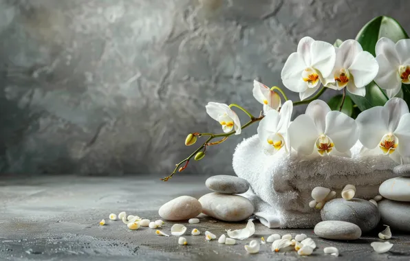 Flowers, pebbles, stones, towel, petals, white, grey background, orchids