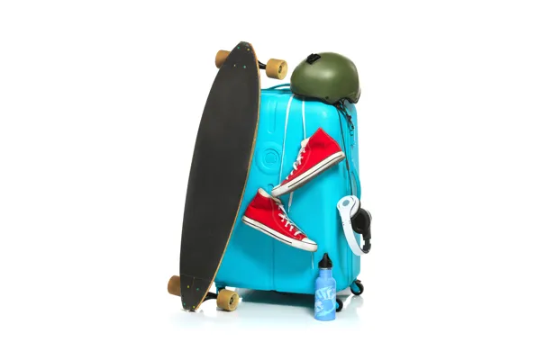 Picture sneakers, headphones, white background, helmet, suitcase, Board, skate, skateboard