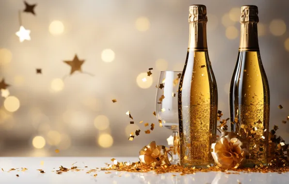 Decoration, gold, balls, New Year, glasses, golden, new year, champagne