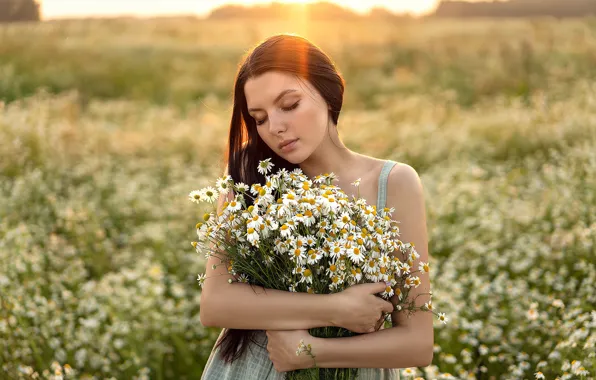 Picture summer, girl, flowers, pose, mood, chamomile, bouquet, meadow