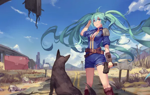 Picture the sky, girl, clouds, gun, weapons, dog, anime, art