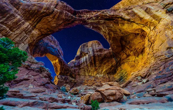 Picture the sky, stars, light, mountains, night, arch, Utah, USA