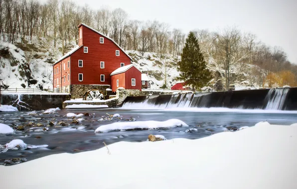 Picture winter, autumn, snow, pine, New Jersey, United States, Clinton, red mill