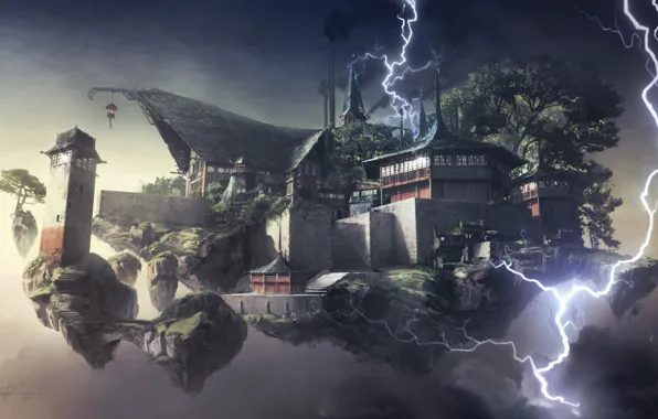 Wall, lightning, island, building, Call to Prayer
