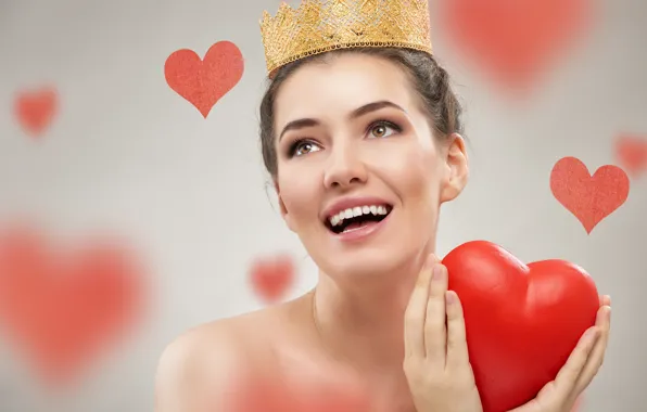 Joy, red, smile, background, mood, heart, crown, makeup