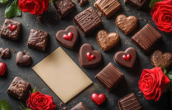 Love, flowers, the dark background, holiday, heart, chocolate, roses, heart