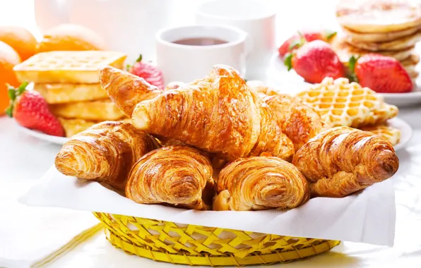 Tea, strawberry, cakes, croissants