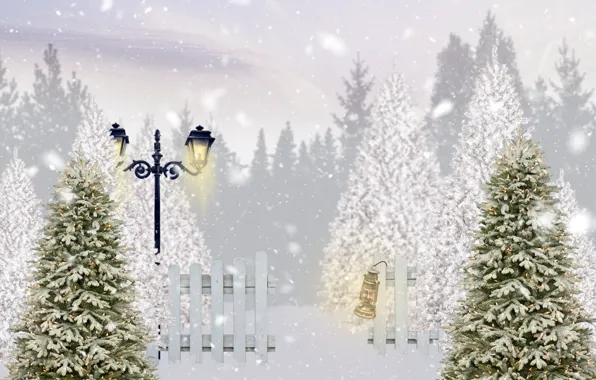 Winter, forest, the sky, light, snow, lights, fog, the fence