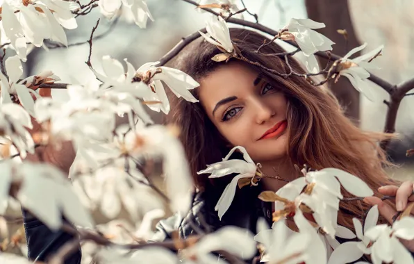 Picture girl, spring, Magnolia, Olga Nebesova