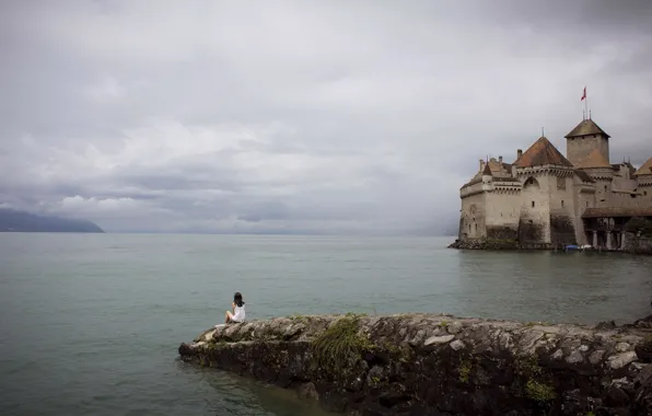 Picture girl, lake, castle