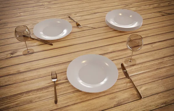 Table, glass, plate, Rendering, Cutlery