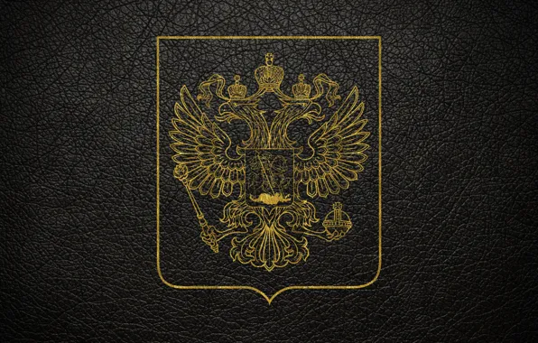 Picture leather, gold, black background, coat of arms, Russia, coat of arms of Russia