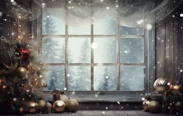 Winter, balls, snow, window, Christmas, New year, Christmas decorations, Christmas decorations