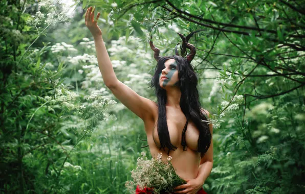 Leaves, flowers, spring, horns, cosplay, succubus, The Witcher 3, Samko