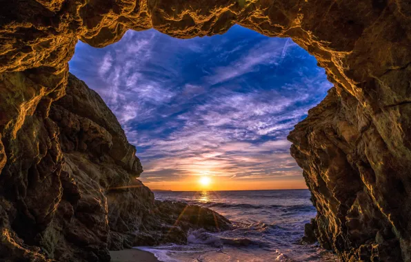 Picture Malibu, rays, shore, arch, sea, rocks, Malibu, clouds, the sun, the sky, horizon, sunset, stones, …