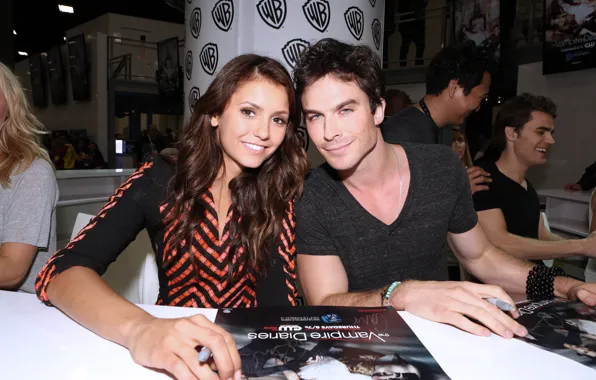 Picture girl, smile, male, lovers, Nina Dobrev, Nina Dobrev, The vampire diaries, Ian Somerhalder
