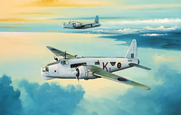 Picture war, art, aviation, ww2, painiting, Vickers Wellington GR.Mk XIV British Bomber