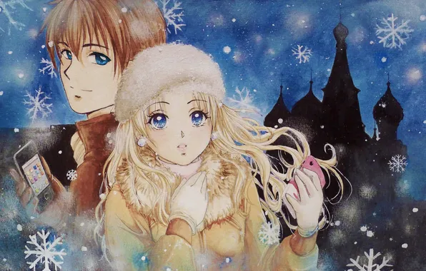 Cold, winter, look, girl, snow, face, anime, gloves