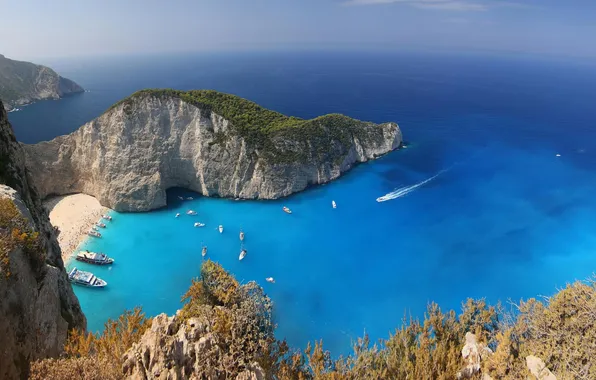 Sea, beach, mountains, people, Bay, yachts, Greece