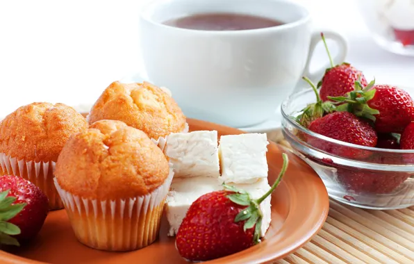 Picture berries, tea, strawberry, plate, Cup, drink, saucer, cupcakes