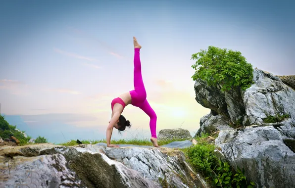 Girl, nature, pose, stones, gymnastics, yoga, harmony