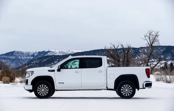 White, side view, pickup, GMC, Sierra, AT4, 2019