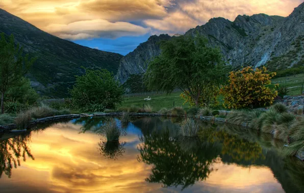 Wallpaper pond, shore, reflection, mountains