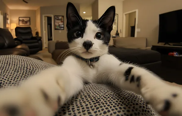 Cat, look, pose, house, kitty, room, black and white, the game