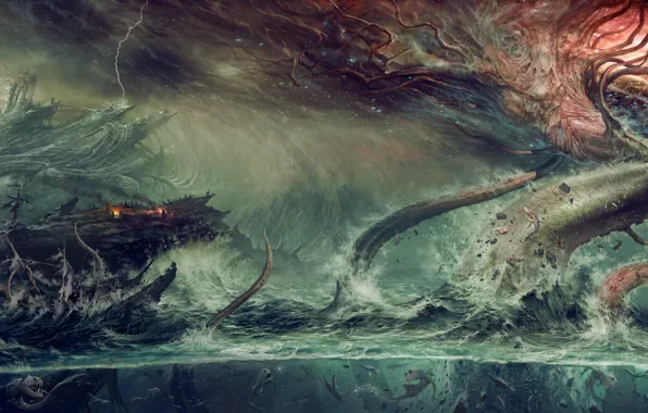 Picture fantasy, ocean, water, tree, destruction, Kraken, mythological monster