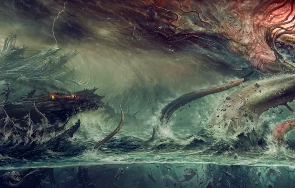 Fantasy, ocean, water, tree, destruction, kraken, mythological monster