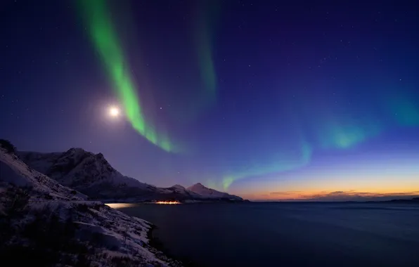 Mountains, night, Northern lights, Norway