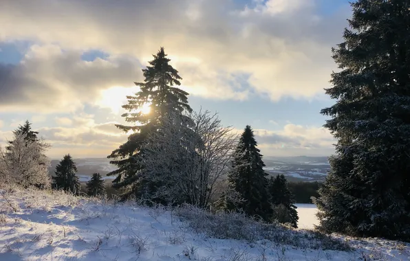 Winter, snow, trees, sunset, The sun, The sky, Clouds, beauty