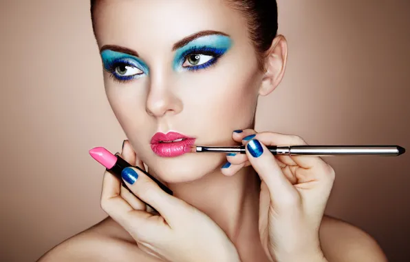 Picture eyes, look, girl, face, hands, makeup, lipstick, brush
