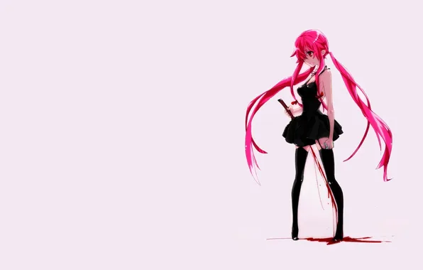 Picture sword, blood, pink hair, long hair, black stockings, anime, stockings, Mirai Nikki