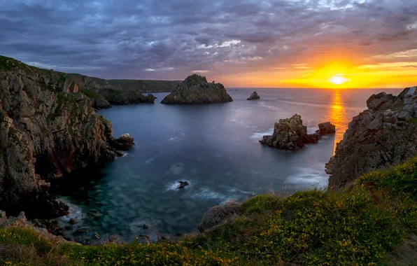 Sea, sunset, rocks, dal, panorama, solche