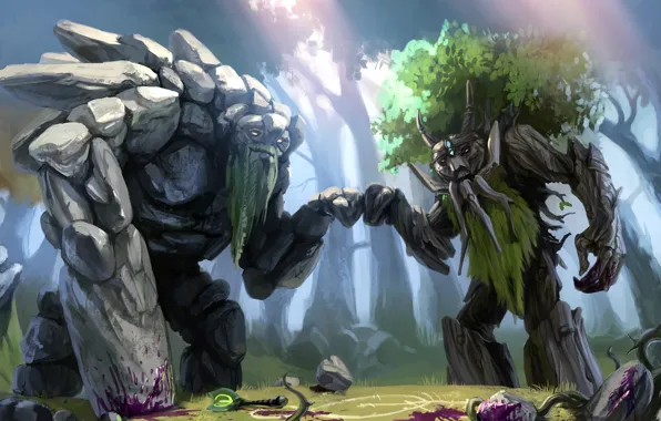 Picture forest, Golem, giants, dota 2, treant, Tiny, Treant Protector
