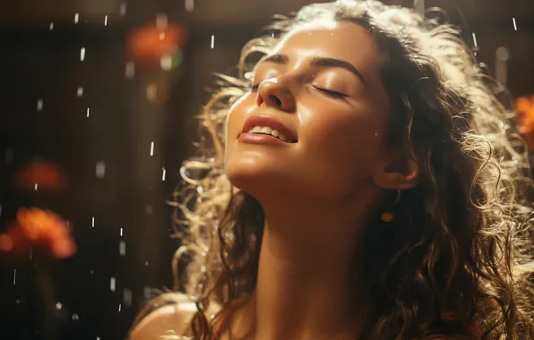 Girl, drops, light, joy, face, smile, the dark background, rain