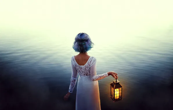 Water, girl, mood, dress, lantern, blue hair, Valentina Diaz